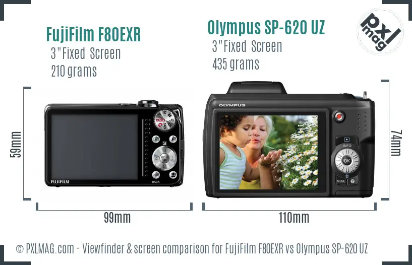 FujiFilm F80EXR vs Olympus SP-620 UZ Screen and Viewfinder comparison