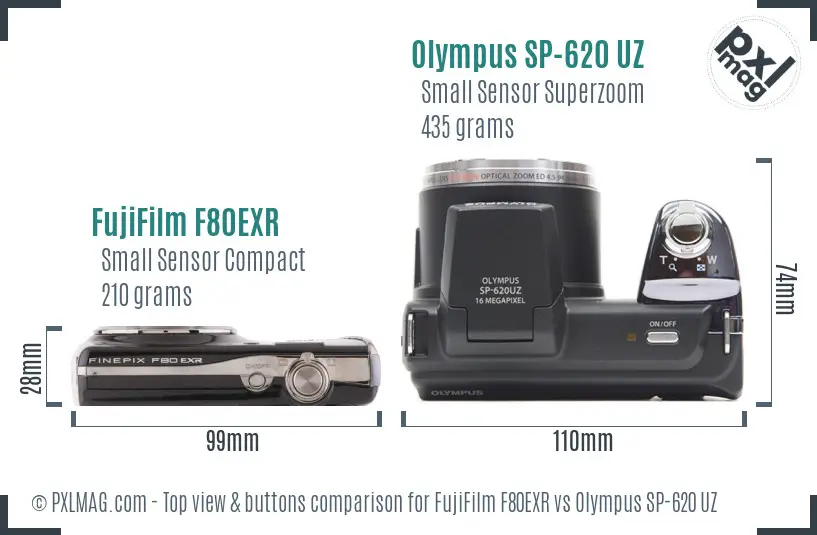 FujiFilm F80EXR vs Olympus SP-620 UZ top view buttons comparison