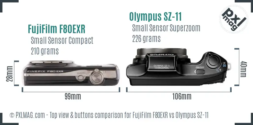 FujiFilm F80EXR vs Olympus SZ-11 top view buttons comparison