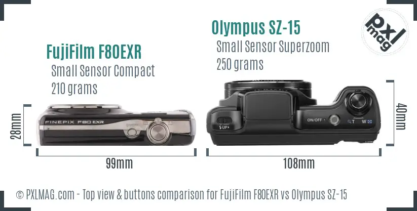 FujiFilm F80EXR vs Olympus SZ-15 top view buttons comparison