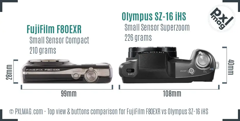 FujiFilm F80EXR vs Olympus SZ-16 iHS top view buttons comparison