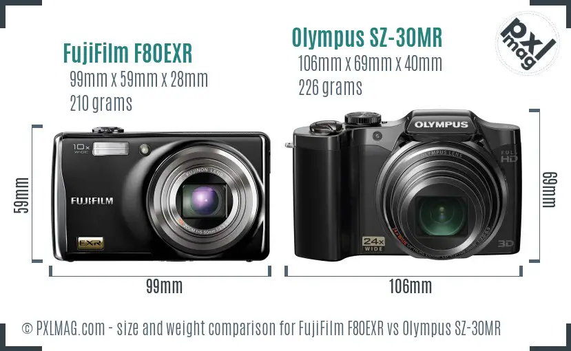 FujiFilm F80EXR vs Olympus SZ-30MR size comparison FujiFilm F80EXR vs Olympus SZ-30MR size comparison