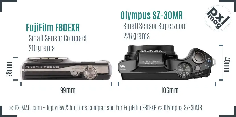 FujiFilm F80EXR vs Olympus SZ-30MR top view buttons comparison FujiFilm F80EXR vs Olympus SZ-30MR top view buttons comparison