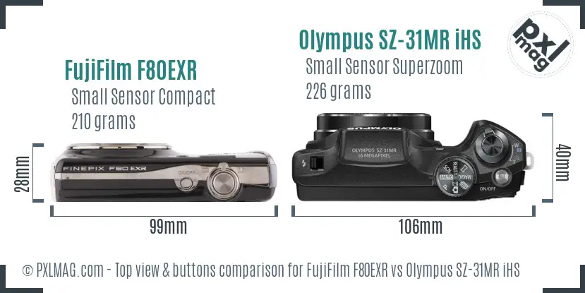 FujiFilm F80EXR vs Olympus SZ-31MR iHS top view buttons comparison FujiFilm F80EXR vs Olympus SZ-31MR iHS top view buttons comparison