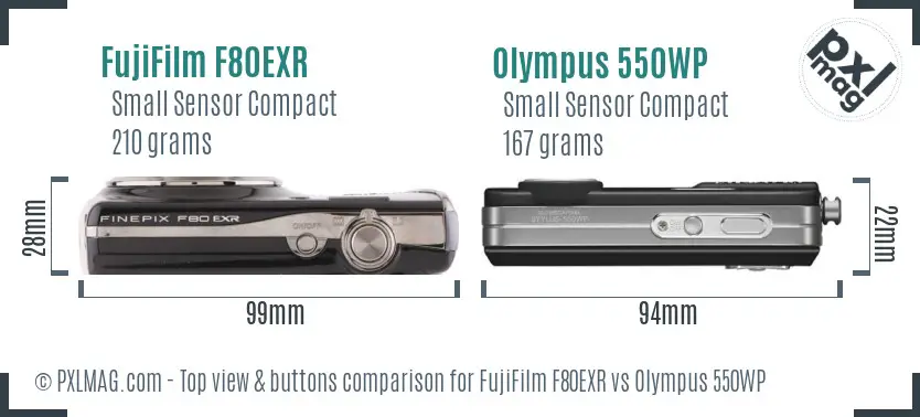 FujiFilm F80EXR vs Olympus 550WP top view buttons comparison