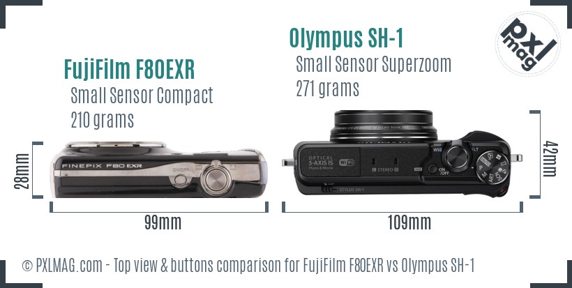 FujiFilm F80EXR vs Olympus SH-1 top view buttons comparison