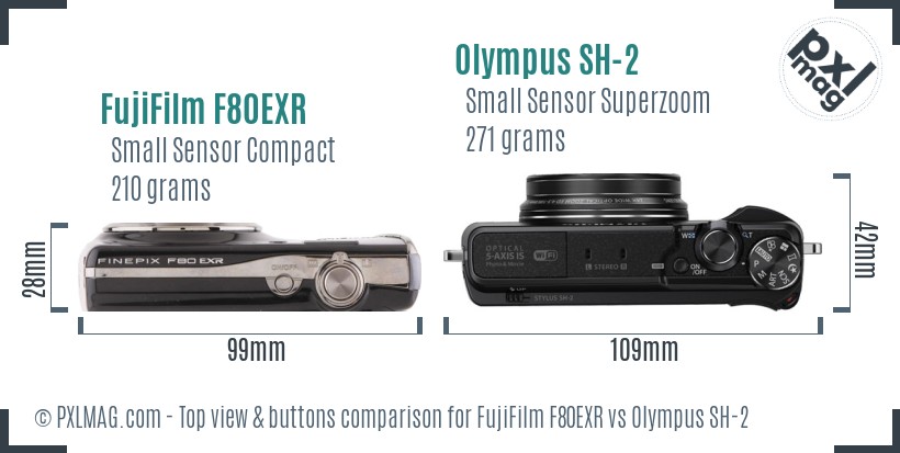 FujiFilm F80EXR vs Olympus SH-2 top view buttons comparison