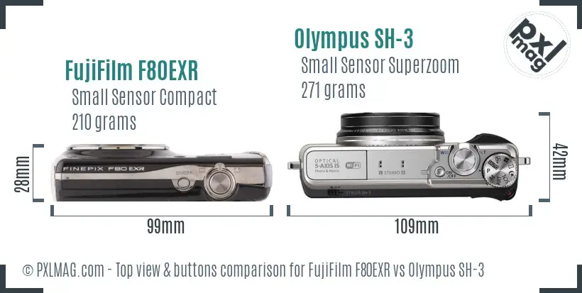 FujiFilm F80EXR vs Olympus SH-3 top view buttons comparison