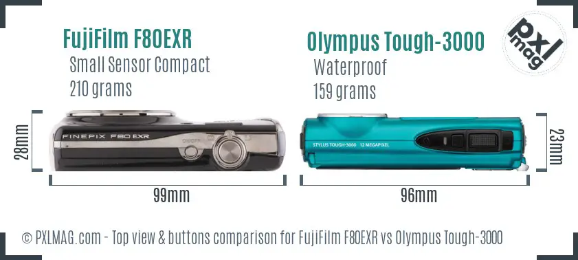 FujiFilm F80EXR vs Olympus Tough-3000 top view buttons comparison