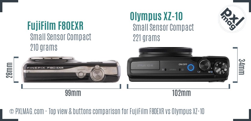 FujiFilm F80EXR vs Olympus XZ-10 top view buttons comparison