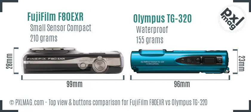 FujiFilm F80EXR vs Olympus TG-320 top view buttons comparison