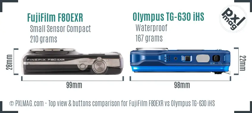 FujiFilm F80EXR vs Olympus TG-630 iHS top view buttons comparison