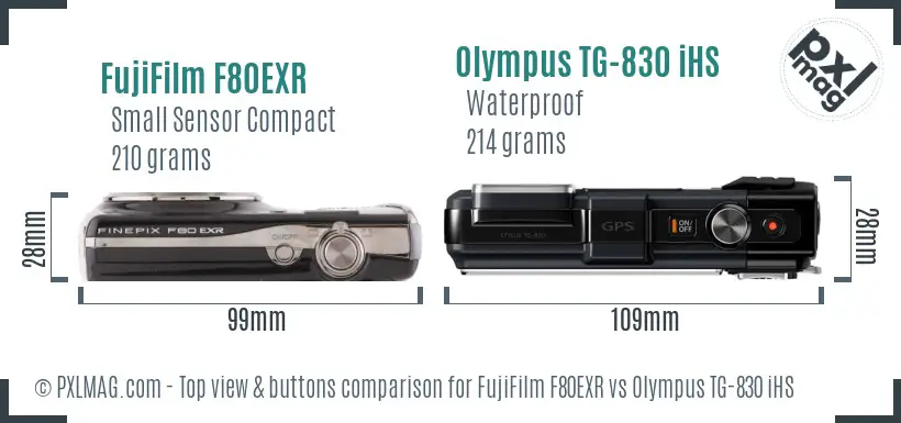 FujiFilm F80EXR vs Olympus TG-830 iHS top view buttons comparison