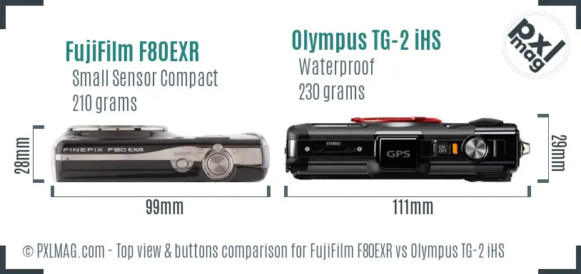 FujiFilm F80EXR vs Olympus TG-2 iHS top view buttons comparison FujiFilm F80EXR vs Olympus TG-2 iHS top view buttons comparison