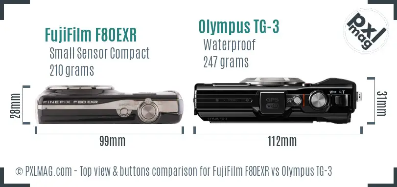 FujiFilm F80EXR vs Olympus TG-3 top view buttons comparison