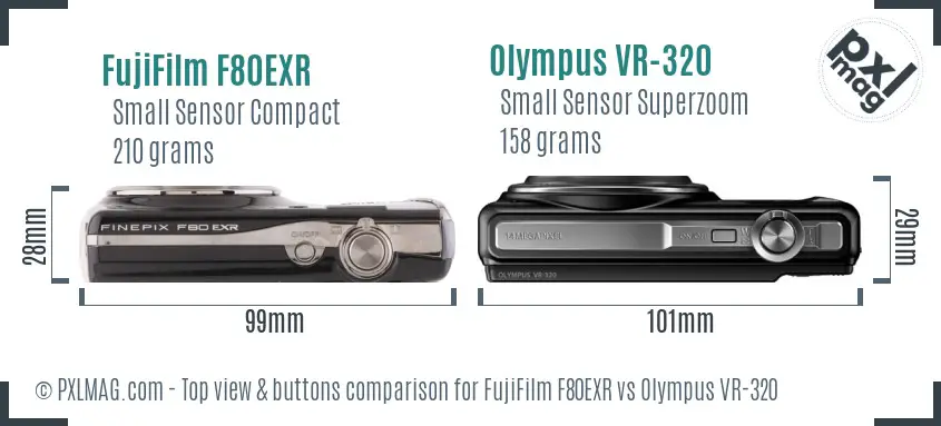 FujiFilm F80EXR vs Olympus VR-320 top view buttons comparison FujiFilm F80EXR vs Olympus VR-320 top view buttons comparison