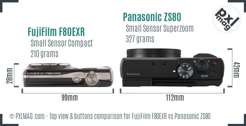 FujiFilm F80EXR vs Panasonic ZS80 top view buttons comparison