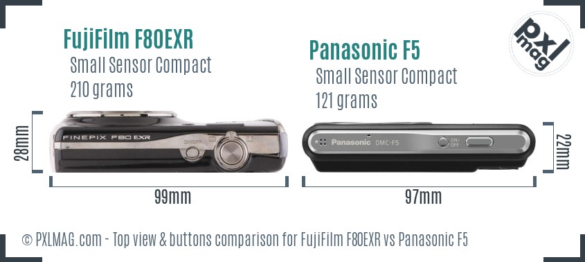 FujiFilm F80EXR vs Panasonic F5 top view buttons comparison