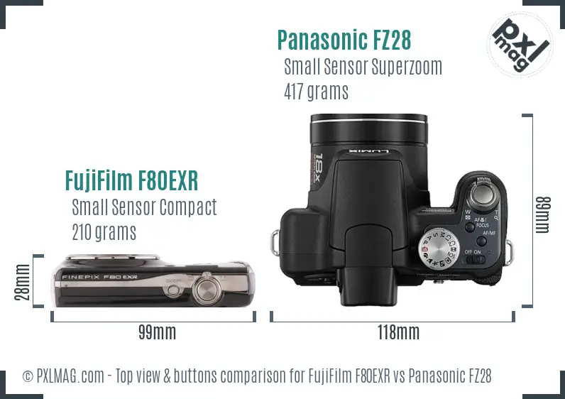 FujiFilm F80EXR vs Panasonic FZ28 top view buttons comparison FujiFilm F80EXR vs Panasonic FZ28 top view buttons comparison