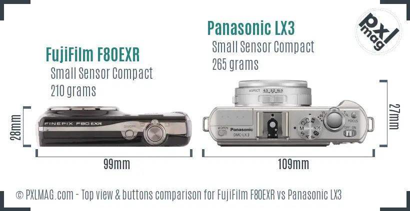 FujiFilm F80EXR vs Panasonic LX3 top view buttons comparison FujiFilm F80EXR vs Panasonic LX3 top view buttons comparison