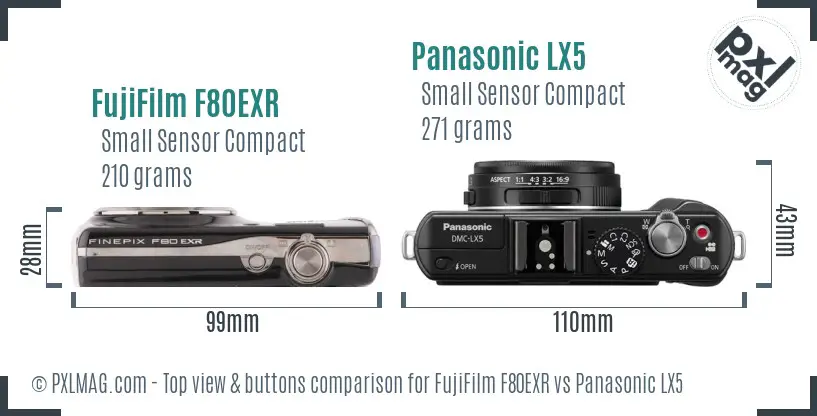 FujiFilm F80EXR vs Panasonic LX5 top view buttons comparison FujiFilm F80EXR vs Panasonic LX5 top view buttons comparison