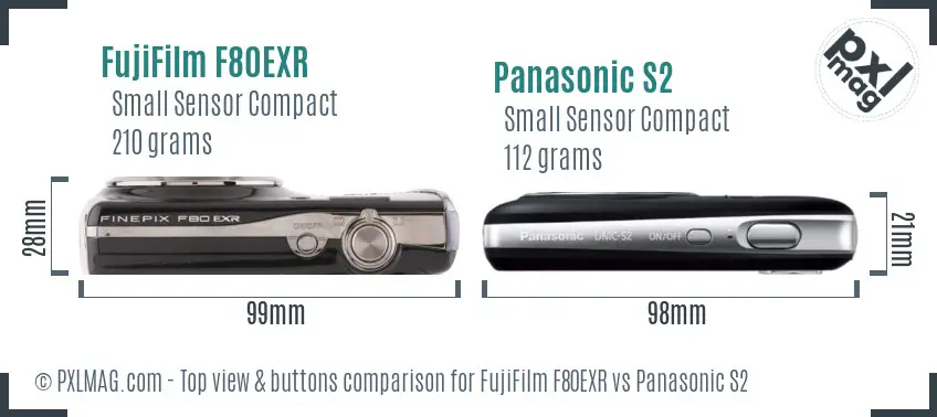 FujiFilm F80EXR vs Panasonic S2 top view buttons comparison