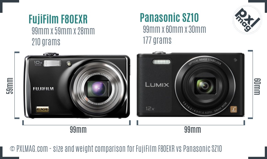 FujiFilm F80EXR vs Panasonic SZ10 size comparison