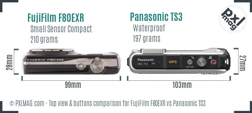 FujiFilm F80EXR vs Panasonic TS3 top view buttons comparison FujiFilm F80EXR vs Panasonic TS3 top view buttons comparison