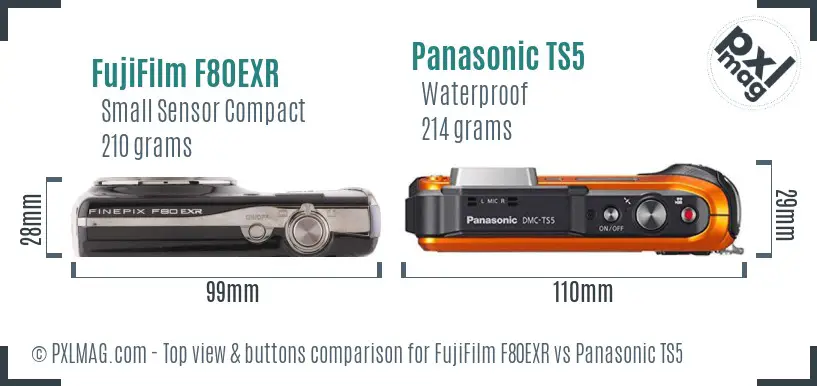 FujiFilm F80EXR vs Panasonic TS5 top view buttons comparison