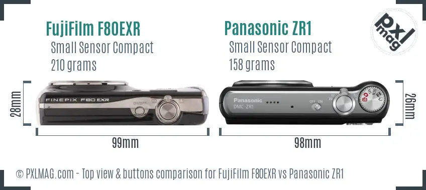 FujiFilm F80EXR vs Panasonic ZR1 top view buttons comparison FujiFilm F80EXR vs Panasonic ZR1 top view buttons comparison