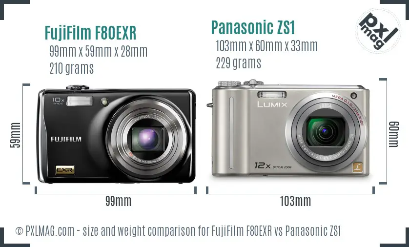 FujiFilm F80EXR vs Panasonic ZS1 size comparison