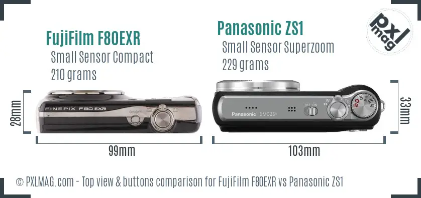 FujiFilm F80EXR vs Panasonic ZS1 top view buttons comparison