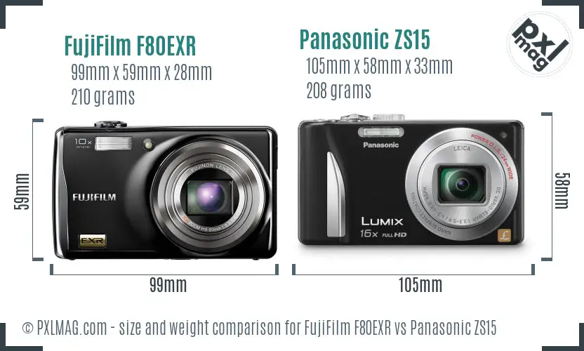 FujiFilm F80EXR vs Panasonic ZS15 size comparison