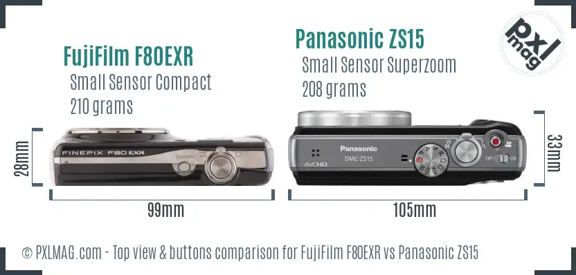 FujiFilm F80EXR vs Panasonic ZS15 top view buttons comparison