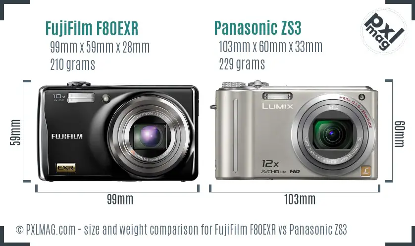 FujiFilm F80EXR vs Panasonic ZS3 size comparison