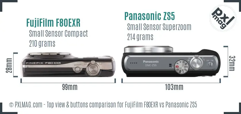 FujiFilm F80EXR vs Panasonic ZS5 top view buttons comparison