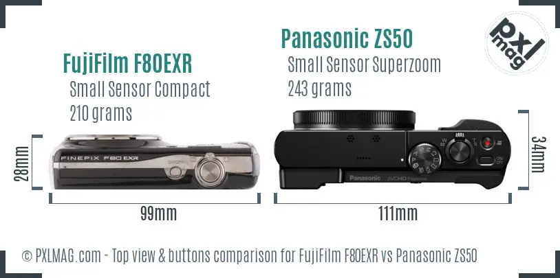 FujiFilm F80EXR vs Panasonic ZS50 top view buttons comparison