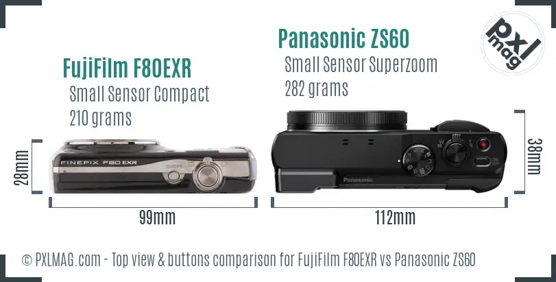 FujiFilm F80EXR vs Panasonic ZS60 top view buttons comparison
