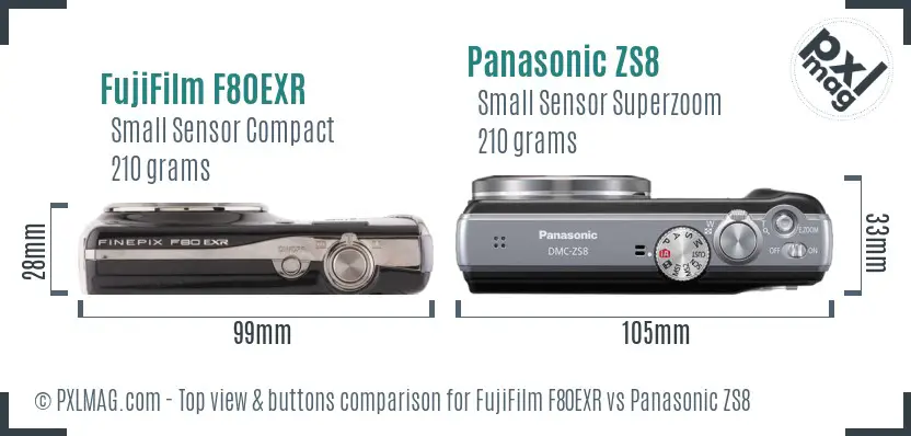 FujiFilm F80EXR vs Panasonic ZS8 top view buttons comparison FujiFilm F80EXR vs Panasonic ZS8 top view buttons comparison