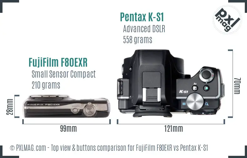 FujiFilm F80EXR vs Pentax K-S1 top view buttons comparison FujiFilm F80EXR vs Pentax K-S1 top view buttons comparison