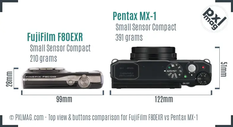 FujiFilm F80EXR vs Pentax MX-1 top view buttons comparison