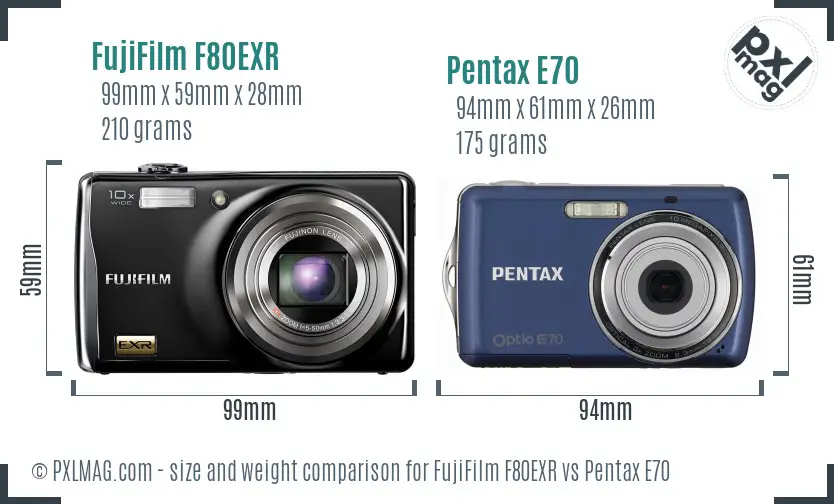 FujiFilm F80EXR vs Pentax E70 size comparison