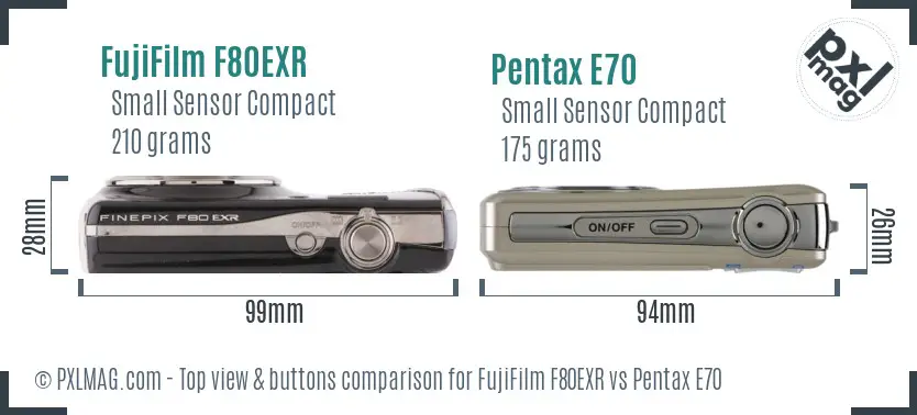 FujiFilm F80EXR vs Pentax E70 top view buttons comparison