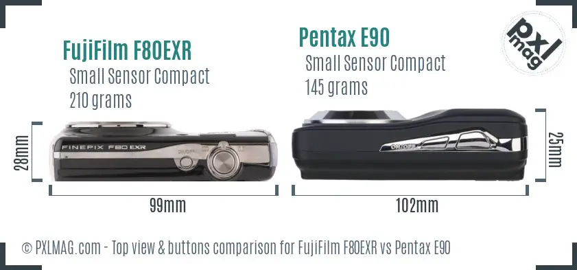 FujiFilm F80EXR vs Pentax E90 top view buttons comparison FujiFilm F80EXR vs Pentax E90 top view buttons comparison