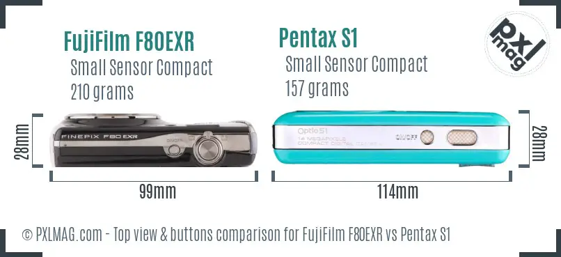 FujiFilm F80EXR vs Pentax S1 top view buttons comparison FujiFilm F80EXR vs Pentax S1 top view buttons comparison