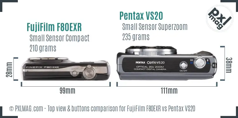 FujiFilm F80EXR vs Pentax VS20 top view buttons comparison