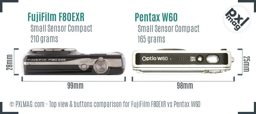 FujiFilm F80EXR vs Pentax W60 top view buttons comparison