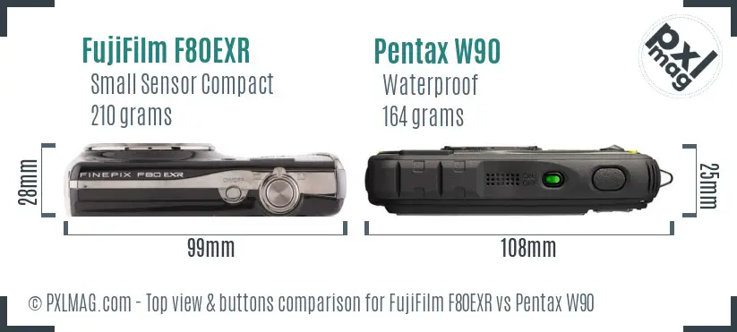 FujiFilm F80EXR vs Pentax W90 top view buttons comparison FujiFilm F80EXR vs Pentax W90 top view buttons comparison