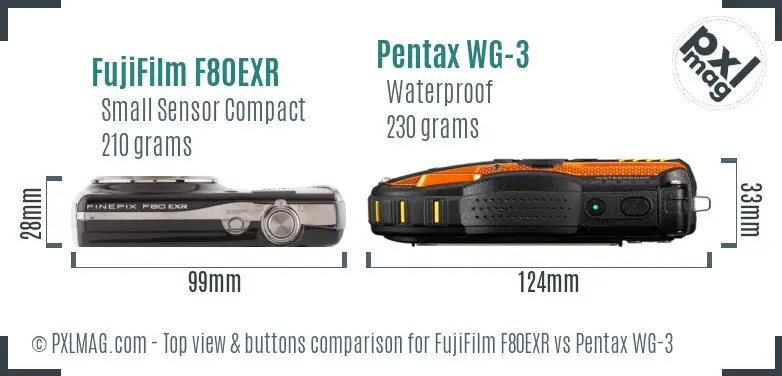 FujiFilm F80EXR vs Pentax WG-3 top view buttons comparison