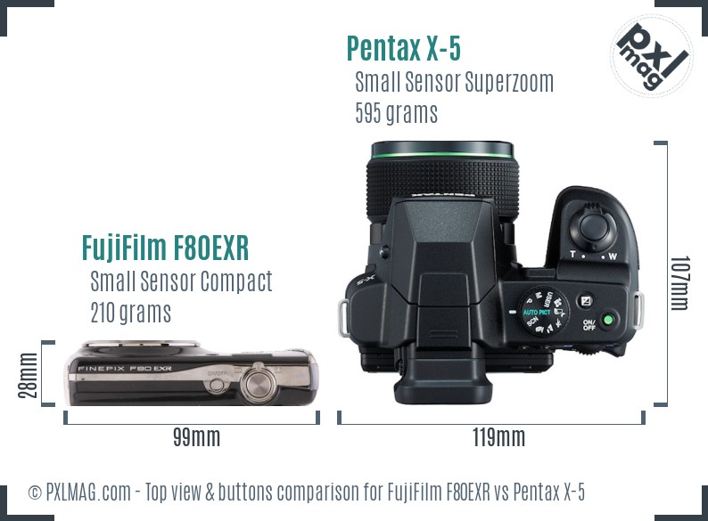 FujiFilm F80EXR vs Pentax X-5 top view buttons comparison
